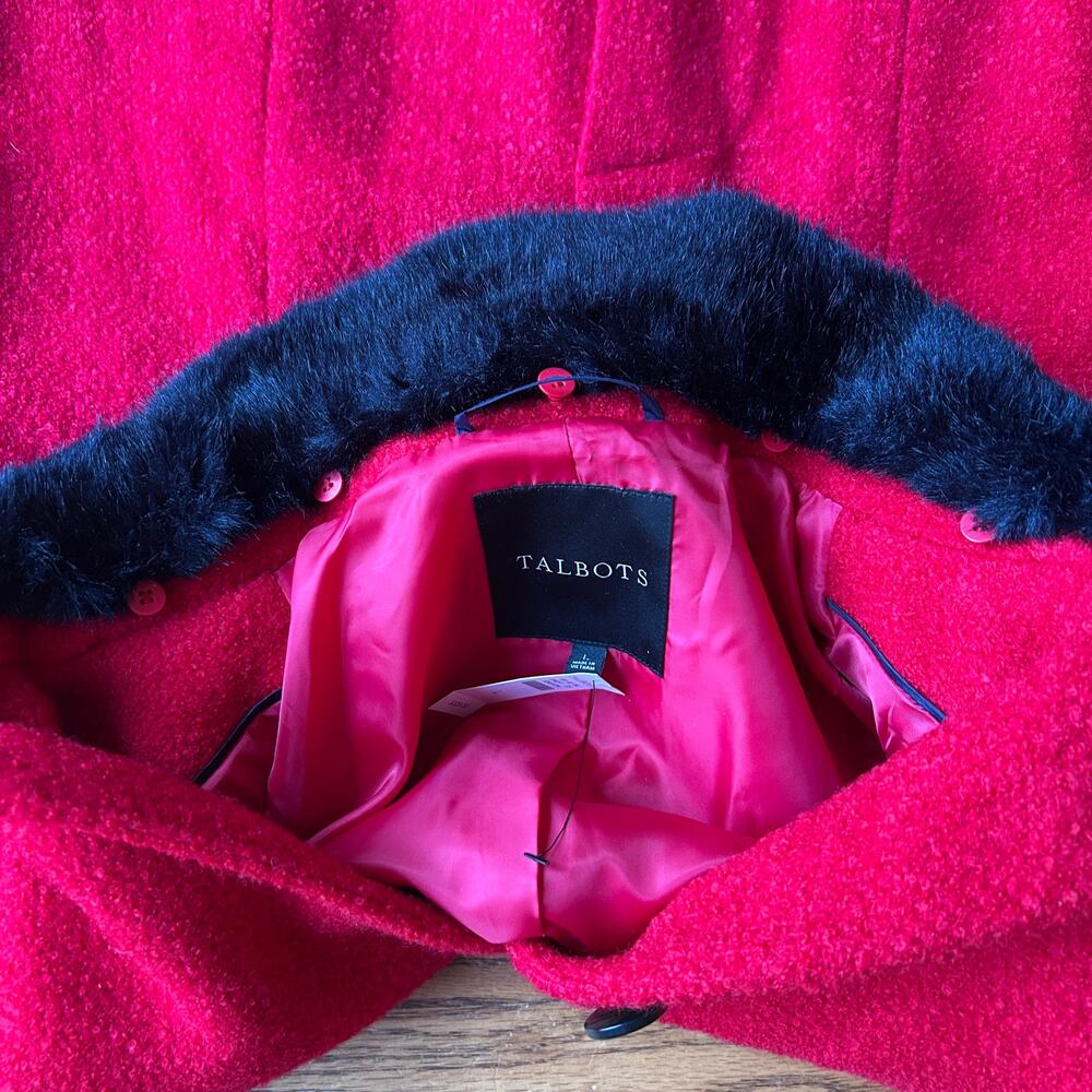 Talbots Red Bouclé Wool Dress Coat Black Faux Fur Collar Princess Large NWT $329 - Picture 12 of 13